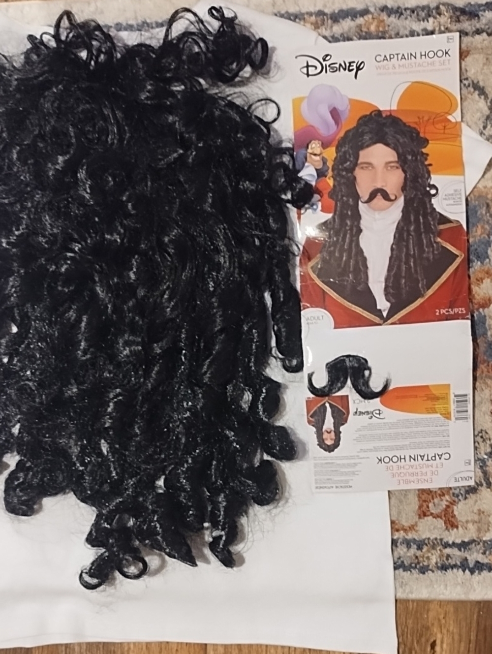 Disney NIP Halloween Costume Black Curly Captain Hook Wig with Mustache.
